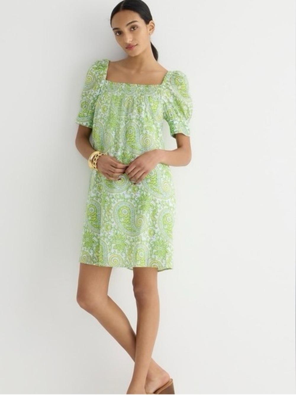 J.Crew X SZ Blockprints Square Neck Puff Sleeve Dress in Citrus Paisley